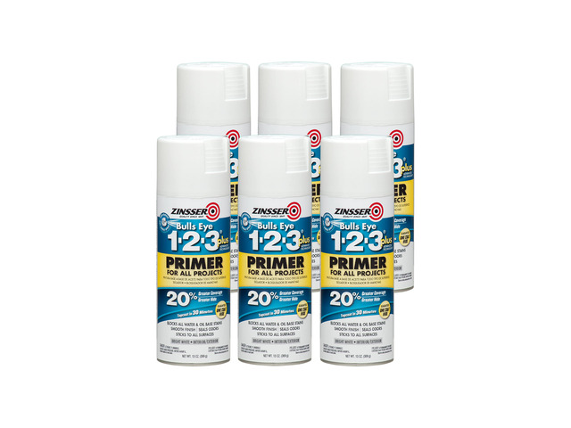 Bulls Eye 1-2-3 Plus Spray Primer, White, 13oz, 6-Pack Bulls Eye 1-2-3 Plus spray primer, 13oz, White. High-hide stain-blocking spray primer for...