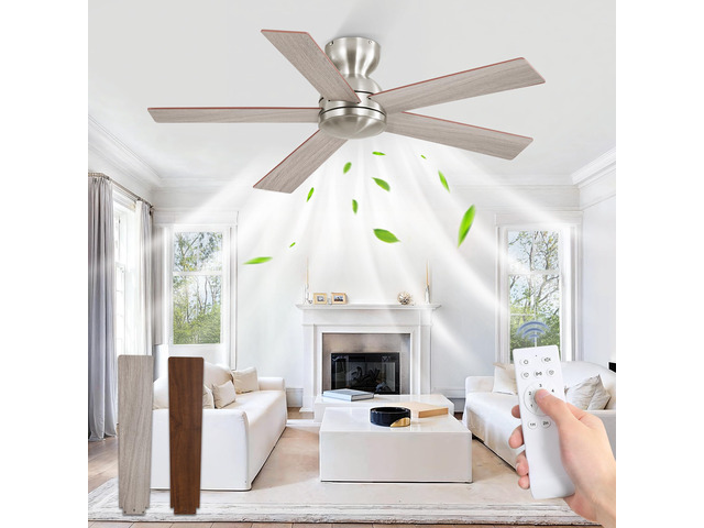 42 Inch Brushed Nickel Ceiling Fan without Lights, Modern, Remote 6 Speeds, Reversible DC Motor, Quiet Airflow, Small Ceiling Fans for Bedroom,...