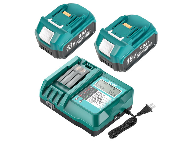 2 Pack 18V 6.0Ah Battery with DC18RC Charger Replace for Makita Batteries Long runtime,LCD display with cooling fan USB port charger,stable...