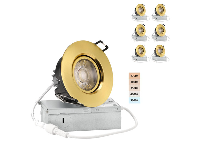 3 Inch Gimbal LED Recessed Lights 6 Pack,Adjustable Downlight, Gold Shiny Gold,360°Rotatable,Die-cast Aluminum,8W 851LM,Premium Canless...