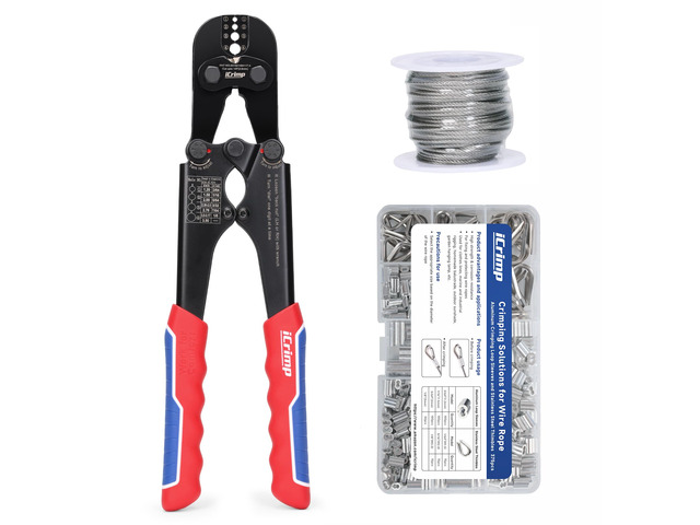 iCrimp 1608MC Wire Rope Crimper w/Built-In Cutter, 3/64'1/8', Rope Kit Kit includes crimper tool, storage case with 330 aluminum loop sleeves & 45...