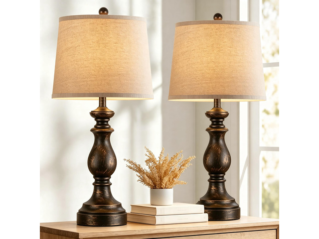 Traditional Table Lamp Set of 2, Rustic Farmhouse Table Lamps for Living Room Bedroom, 27' Bedside Desk Lamps Vintage Nightstand Lamps with Linen...