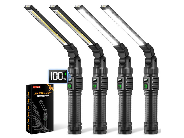 4Pack Magnetic Rechargeable LED Work Light/Flashlight for Mechanics All Aluminum, 1500 High Lumens, Digital Display, 7 Modes, 360° Rotation, for...