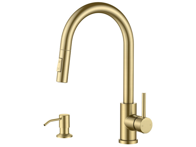 Pull Down Kitchen Faucet with Soap Dispenser, Brushed Gold Lead-Free, Stainless Steel, Single Handle, 1 Hole Sink Faucet with Deck Plate, Fit for...