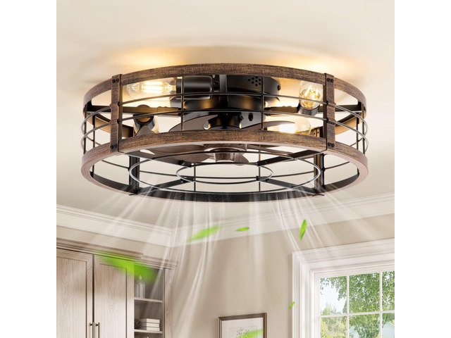 20' Caged Low Profile Ceiling Fan with Light and Remote Black Gold Flush Mount, Bladeless Enclosed Fandelier, 6 Speed, Quiet Powerful DC,...