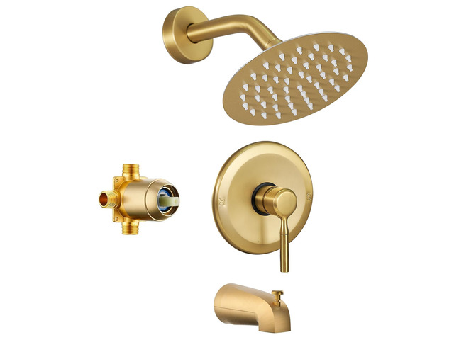 Tub Shower Faucet Set (Valve Included) with 6-Inch Rain Shower Head and Tub Spout Single-Handle Tub and Shower Trim Kit Brushed Gold