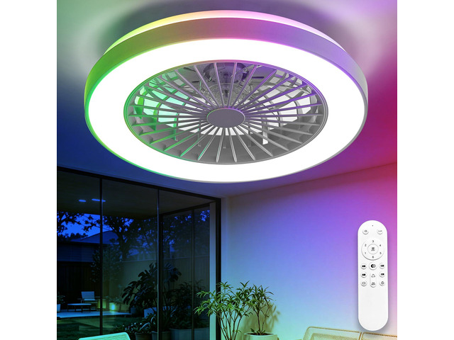 RGB Ceiling Fan with Light: 19' Enclosed Low Profile Flush Mount LED Ceiling Fans with Remote Control - Modern White Bladeless Fandelier Dimmable...