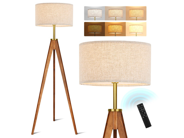Floor Lamp for Living Room, Solid Ash Wood Tripod Floor Lamp with Remote Control, Stepless Dimmable Standing Lamp for Bedroom, Office, Tall Lamp...