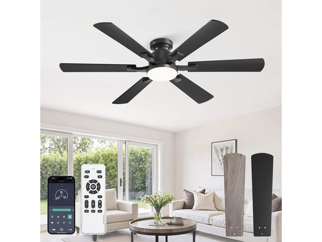52 Inch Flush Mount Ceiling Fan with 3000-6000K Dimmable Lights APP & Remote Control, 6 Blades, 6 Speeds, Quiet Reversible Motor, Low Profile, Easy...
