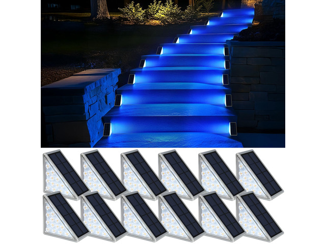 12 Pack Solar Stair Lights, Outdoor Step Lights with Waterproof IP67, Blue Color LED Solar Light for Outside Light Decor for Stair, Deck, Front...