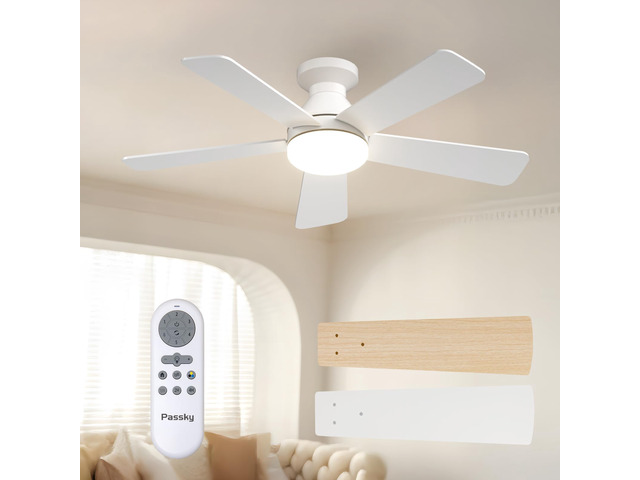 42 Inch White Low Profile Ceiling Fans with Lights and Remote Flush mount, 3-color dimmable light, quiet reversible DC motor, easy install, memory,...