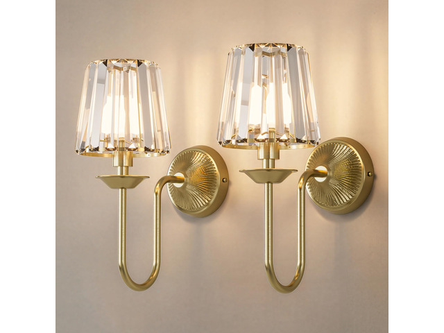 Brass Battery Operated Wall Sconces Set of Two, Crystal Wireless Rechargeable Wall Lights with Remote, Dimmable 3 CCT and 12 RGB Cordless Wall...