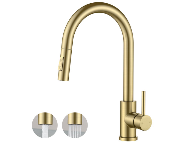 Kitchen Faucet, 2-Mode Pull Down Sprayer, Classic Brushed Gold Lead-Free, Stainless Steel, Single Handle, 1 Hole Sink Faucet with Deck Plate, Fit...