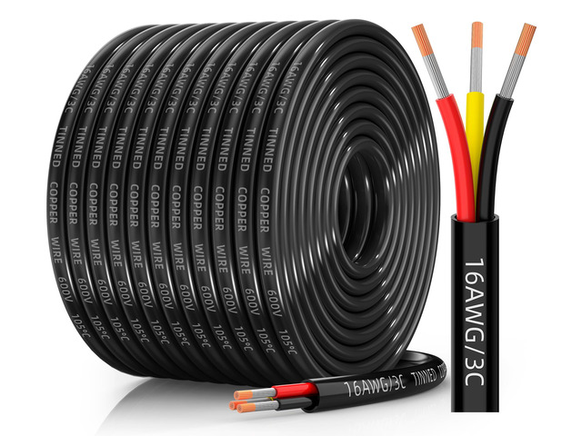 16 Gauge Wire, 16/3 Conductor Tinned Copper Electrical Wire, 100FT Flexible, Waterproof & Flame-Retardant Low-Voltage 16 AWG 3 Wire Cable with PVC...