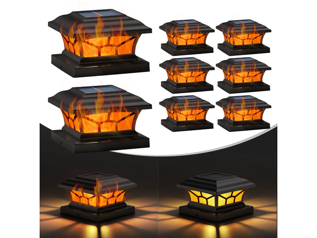 8 Pack Solar Post Cap Lights Outdoor, Flickering Flame & Warm White Fits 4x4, 5x5, 6x6 Wooden & Vinyl Posts,Fence Deck Post Lights,Edison-style bulb