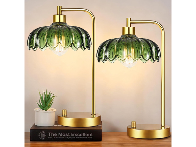 Glass Table Lamp Set of 2,Small Gold Bedside Lamps Dimmable Boho Bedroom Lamp with Tulip Flower Green Lamp Shade,Vintage Mid Century Modern Mini...