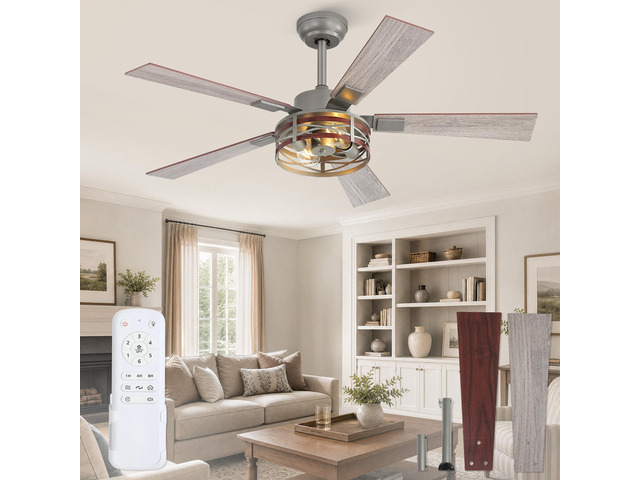 Farmhouse Ceiling Fans with Light, 48' Caged Fan, Quiet DC Motor 6-Speed Adjustable, Remote Reversible, 5 Dual Finish Blades, Rustic Ceiling...