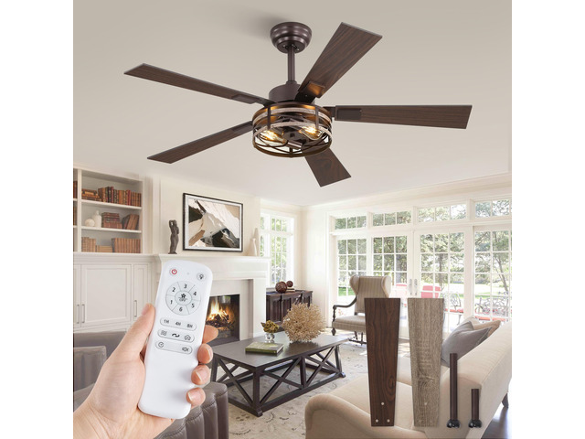 48' Farmhouse Ceiling Fans with Light & Remote, 6-Speed Caged Quiet and Reversible, Dual Finish 5 Blades, Rustic for Bedroom and Living Room, Oil...
