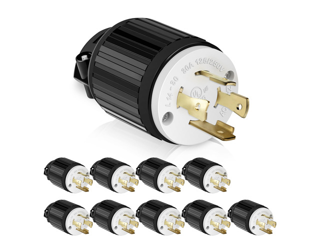 NEMA L14-30P Locking Plug for Generator, Black, 10-Pack 30A 125/250V, 3-Pole 4-Wire Grounding, Industrial Grade heavy duty, Twist Lock Male Plug,...