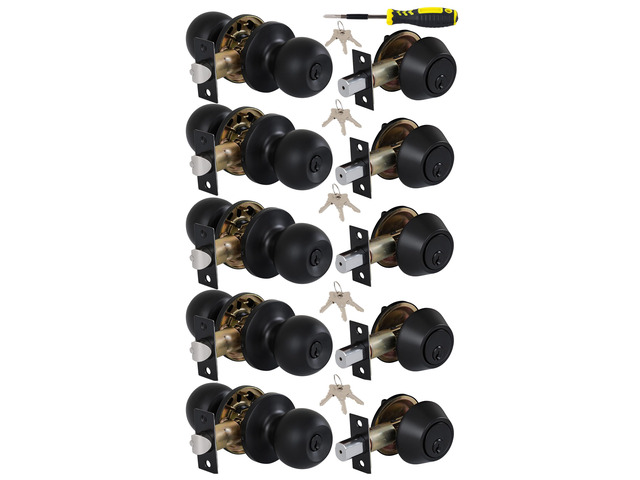 (5 Sets) All Keyed Same Entry Door Knob and Single Cylinder Deadbolt Combo Set, Matte Black Exterior Door Knobs with Lock and Keys for Entrance and...