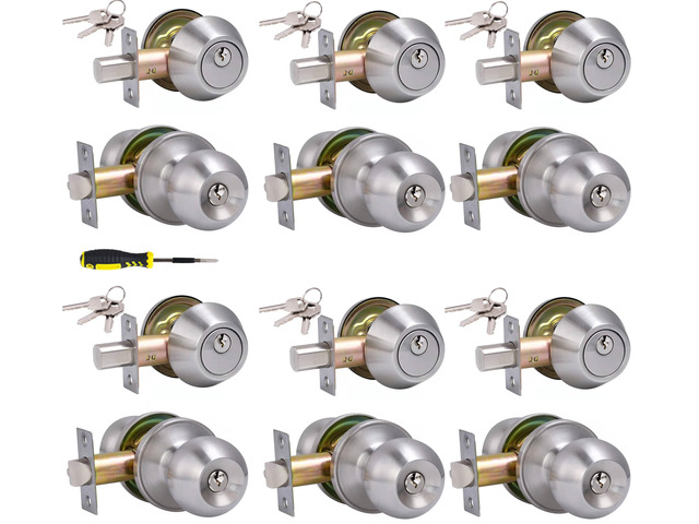 (6Sets) All Keyed Same Entry Door Knob and Single Cylinder Deadbolt Combo Set, Satin Nickel Exterior Door Knobs with Lock and Keys for Entrance and...