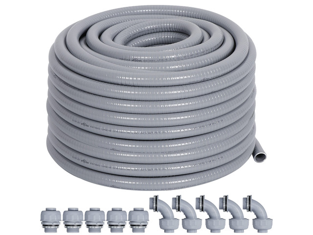 Liquid-Tight Conduit 3/4 50ft w/UL Certification Flexible Electrical Conduit with 5 Straight and 5 90-Degree Conduit Connector Fittings