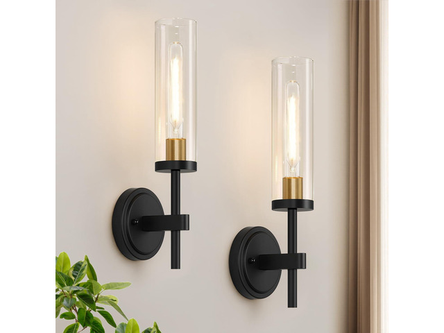 Hardwired Wall Sconces Set of Two, Black and Gold Bathroom Sconces with Clear Glass, Modern Wall Light Fixtures for Bathroom Mirror Vanity, Living...