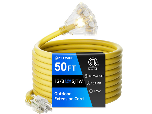50 FT Outdoor Extension Cord with Multiple Outlets, 12 Gauge Heavy Duty Yellow Extension Cord Waterproof with 3 Outlet, 3 Prong Power Cord for...
