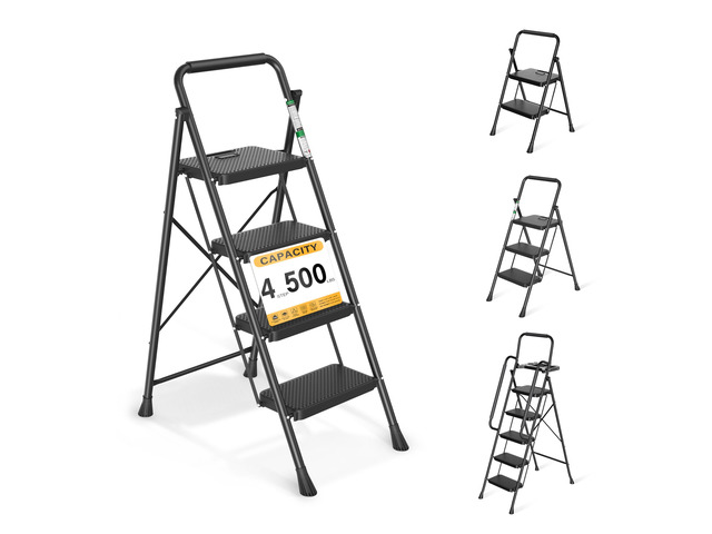 Step Ladder, Folding Steel Ladder with Handrail & Wide Pedals Wide anti-slip pedals, secure handrail, sturdy steel frame, safety lock, lightweight...