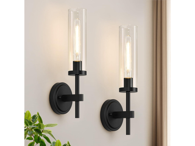 Hardwired Wall Sconces Set of Two, Matte Black Bathroom Sconces with Clear Glass, Modern Wall Light Fixtures for Bathroom Mirror Vanity, Living...