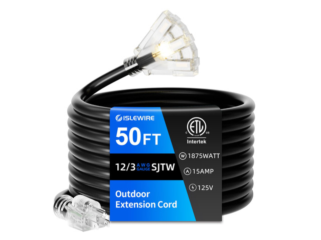 50 FT Outdoor Extension Cord with Multiple Outlets, 12 Gauge Heavy Duty Black Extension Cord Waterproof with 3 Outlet, 3 Prong Power Cord for...