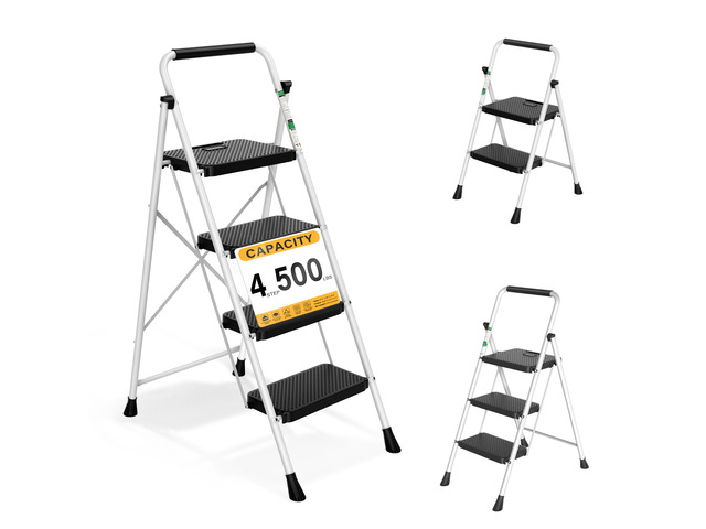Step Ladder, Folding Steel Ladder with Handrail & Wide Pedals Wide anti-slip pedals, secure handrail, sturdy steel frame, safety lock, lightweight...