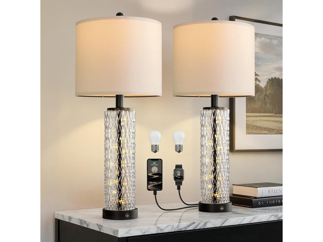 27.75 Table Lamps Set of 2, Black Modern Bedside Lamp with LED Night Light, USB A+C, Glass Lamps for Living Room, Bedroom, Nightstand, Office, End...