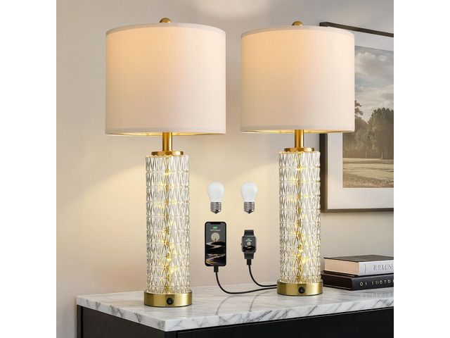 27.75 Table Lamps Set of 2, Gold Modern Bedside Lamp with LED Night Light, USB A+C, Glass Lamps for Living Room, Bedroom, Nightstand, Office, End...
