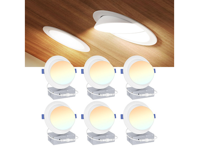 6 Inch Gimbal LED Recessed Light, 5CCT, 12W, 1200LM, 6 Pack 5%-100% Dimmable, 2700K-5000K Selectable CCT, 90° Tilt and 360° Swivel, Angle...