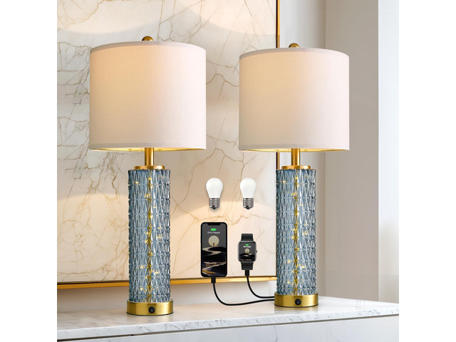 27.75 Table Lamps Set of 2, Blue Modern Bedside Lamp with LED Night Light, USB A+C, Glass Lamps for Living Room, Bedroom, Nightstand, Office, End...