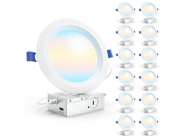12 Pack 6 Inch Canless LED Recessed Lights, 5CCT, 14W, Dimmable 1200LM, Selectable CCT 2700K/3000K/4000K/5000K/6000K, Baffle Trim, Junction Box,...