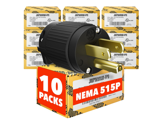 515PV Male Electrical Plug Replacement, 15 Amp 125V, 10-Pack 3 Prong, NEMA 5-15P Straight Blade Plug, Extension Cord End Repair, 2-Pole 3-Wire,...
