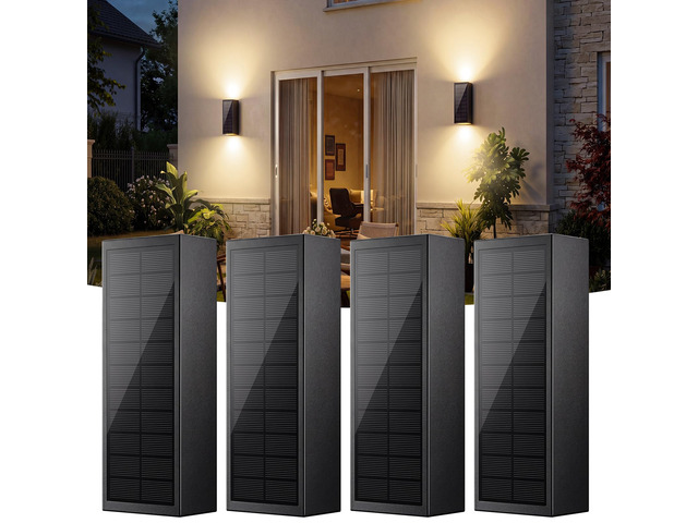 4 Pack Solar Wall Lights Outdoor, Dusk to Dawn Up Down Wall Sconces USB-C Rechargeable Backup, 3CCT, 2 Brightness Levels, IP65 Waterproof Exterior...