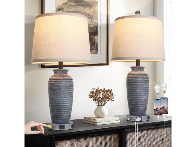 25' Retro Distressed Black Farmhouse Jar Table Lamps Set of 2, 3 Way Touch Control Rustic Bedside Lamps with USB A+C Ports & AC Outlet, Pot...
