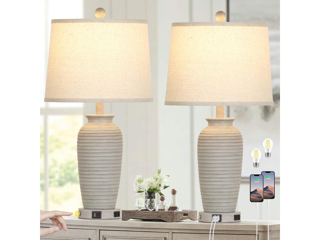 25' Farmhouse Jar Table Lamps Set of 2, 3 Way Touch Control Rustic Bedside Lamps with USB A+C Ports & AC Outlet, Pot Nightstand Lamps for Bedroom...