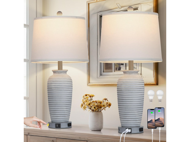 25' Farmhouse Jar Table Lamps Set of 2, 3 Way Touch Control Rustic Bedside Lamps with USB A+C Ports & AC Outlet, Pot Nightstand Lamps for Bedroom...