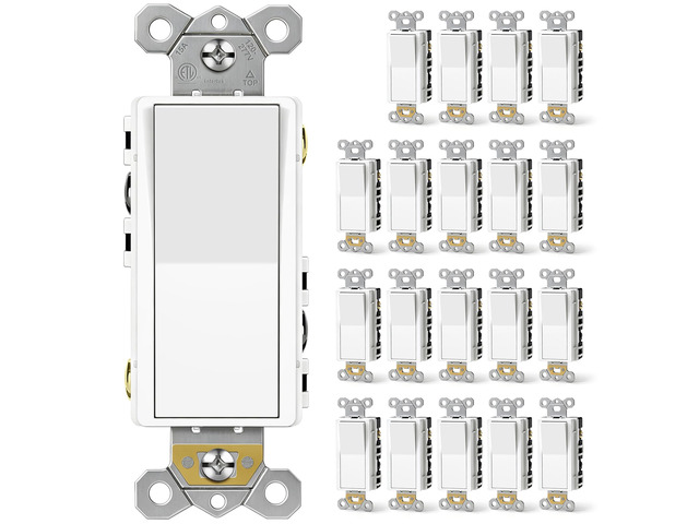 20 Pack 4-Way Decorator Light Switch, Self-grounding, ETL Listed Four Way Decor Rocker Paddle Wall Switch, 15A 120/277V, Gloss White