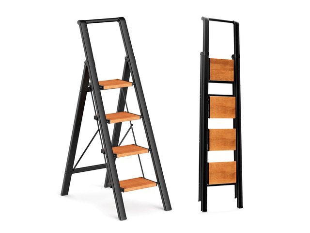 4 Step Ladder, Foldable 4 Step Stool, Black & Woodgrain Reach 8ft; Stepladder with Handgrip, Anti-Slip 7.9'' Pedals, Lightweight Tall Ladder for...
