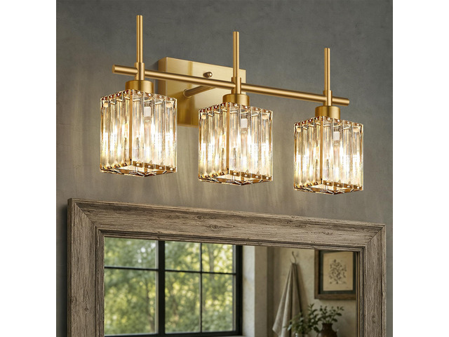 Modern Crystal Bathroom Vanity Light 3-Light Brushed Gold Bathroom Light Fixtures Over Mirror Brushed Gold Vanity Lighting Fixtures Square Shade...