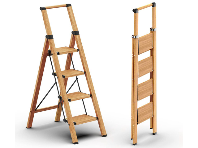 4 Step Ladder, Foldable 4 Step Stool, Woodgrin Reach 8ft; Stepladder with Handgrip, Anti-Slip 7.9'' Pedals, Lightweight Tall Ladder for...