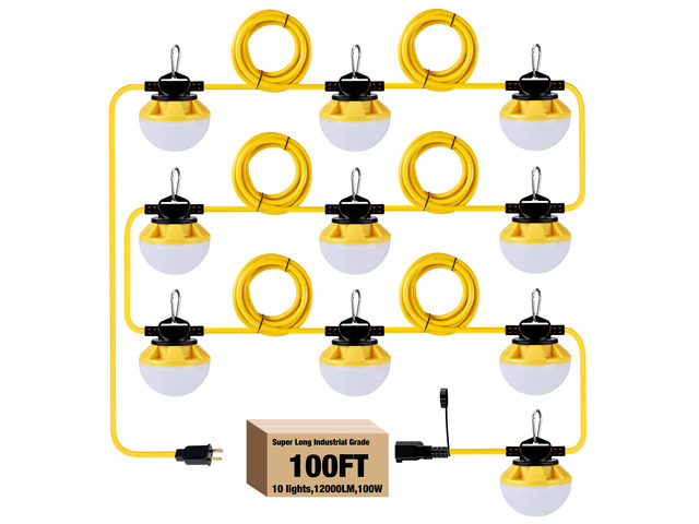 100FT Construction String Lights, IP65 Waterproof ETL Certified LED String Work Lights, 5000K Daylight 18AWG Wire Linkable Temporary Construction...