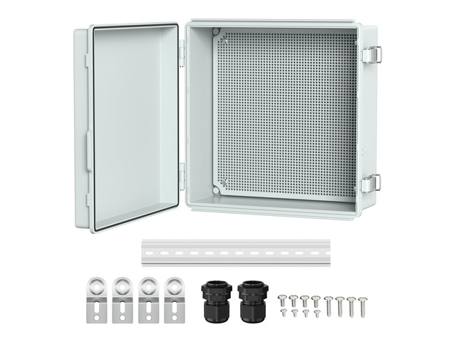 Outdoor Waterproof Electrical Box 13x13x5 IP67 water & UV proof box, 304 stainless latch, durable plastic, plate & rail, wall/freestand for marine,...