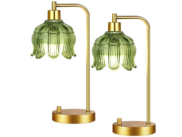 Glass Table Lamp Set of 2,Small Gold Bedside Lamps Dimmable Boho Bedroom Lamp with Tulip Flower Green Lamp Shade,Vintage Mid Century Modern Mini...