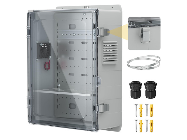 Outdoor Electric Enclosure Box 18.1x12.6x6.4 Waterproof ABS Clear Weatherproof WiFi Enclosure with 12V Fan, Stainless Steel Buckles, DIN Rail &...